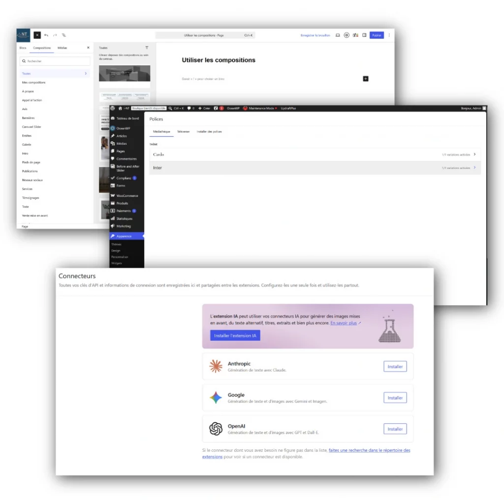 Différentes captures d'écran pour présenter les nouvelles fonctionnalités de WordPress 7