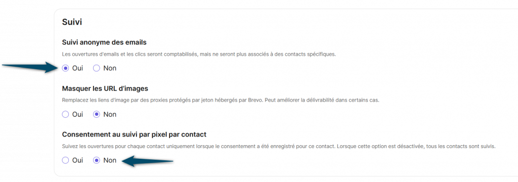 Capture d'écran montrant comment activer le suivi anonyme des e-mails sur Brevo.
