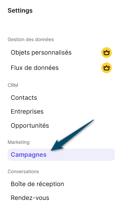 Capture d'écran montrant comment accéder aux réglages des campagnes sur Brevo